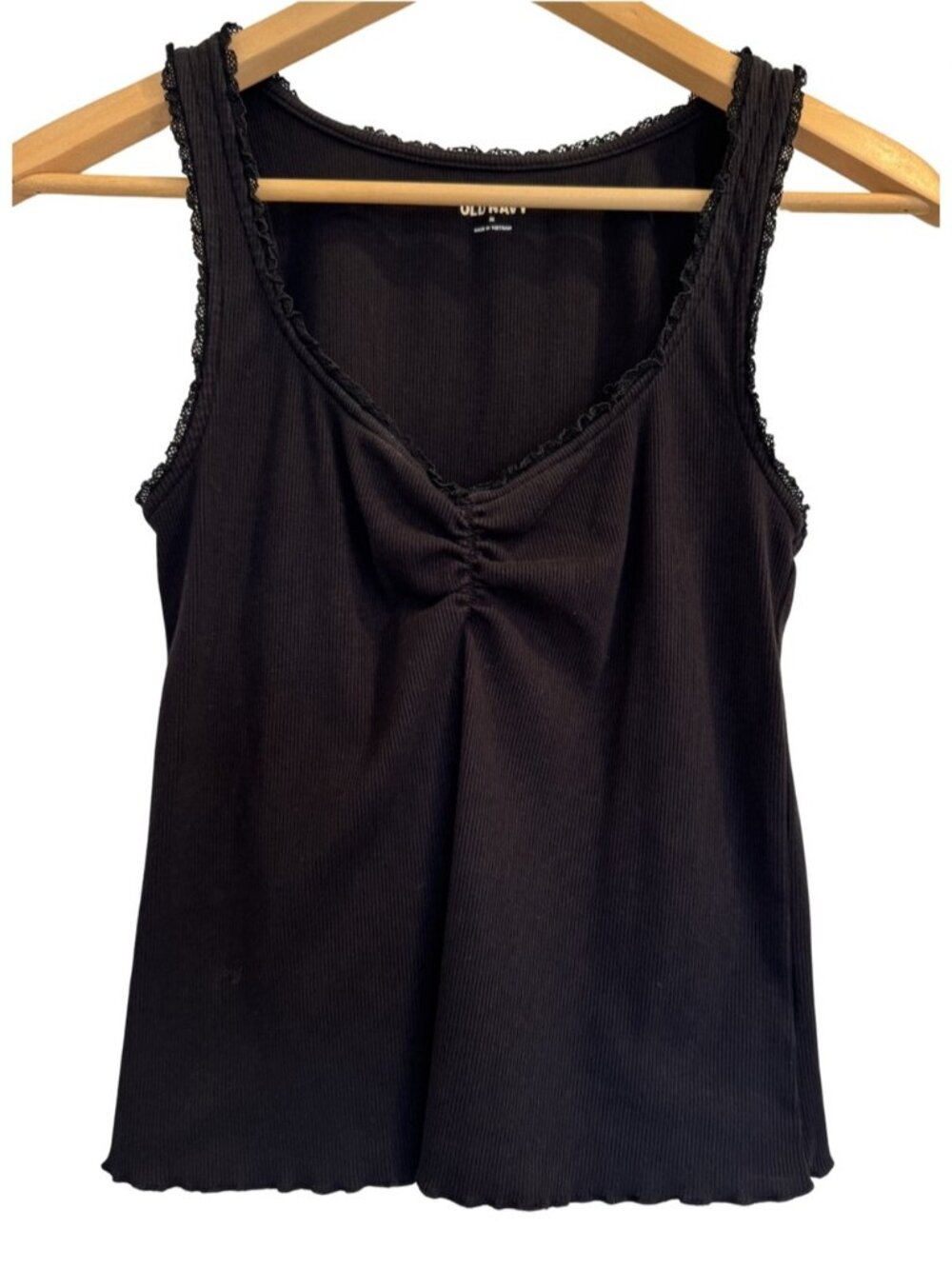 Black Ribbed Lace Trim Ruched Tank Top Medium